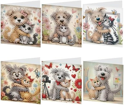 6 Pcs 5D Diamond Painting Greeting Cards Kits, Handmade Festival Greeting Cards with Envelopes DIY Diamond Art Crafts Birthday Cards Laser Effect for Birthdays Holidays Celebrations (Cat Dog Cuddling) by AiYuanzsh