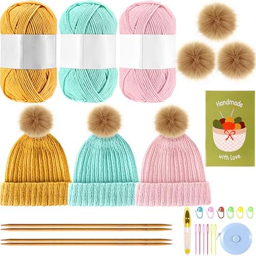 Maasechs Knitting Kit for Beginners Adults Complete Hat Knitting Kits Learn to Knit Kits with Yarn Bamboo Needle Pom Pom Step-by-Step Instruction Knit Accessories for Mother Women Men Gifts(Bright) by Unknown