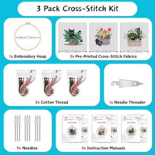 TCDZMYGS 3 Pack Stamped Cross Stitch Kits for Beginners-Plant Cat,with Hoop - Image 2