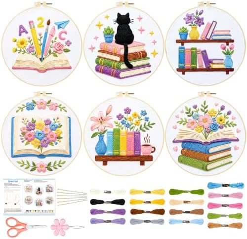 BEUNITONE 6 Set Embroidery Kit for Beginner Adults, Books & Flowers Cross Stitch Set with Stamped Pattern Hoops Threads Cloth Needles, Embroidery Starter Kit for Gifting and Home Decoration by BEUNITONE