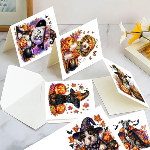jinglinhh 6pcs Halloween Cloak Dog Pumpkin Diamond Art Painting Greeting Cards with Envelopes, DIY Card Making Kits for Adults, Diamond Art Postcards Christmas Cards Craft Gifts - Image 5