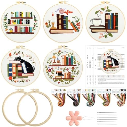 Kuabiz 5 Sets Embroidery Kits for Beginners Cross Stitch Kit for Adults Highland Book Pattern Embroidery Starter Kit Embroiderys Hoop Needlepoint Kits with Instruction Needles Threads by Kuabiz