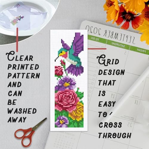 BEUNITONE 6 Pcs Cross Stitch Bookmark Kit for Beginner Vintage Flower Hand Embroidery Kit with Instruction Hummingbird Stamped Embroidery Bookmarks Handmade for DIY Crafts Book Lovers 8.5''x3'' - Image 3