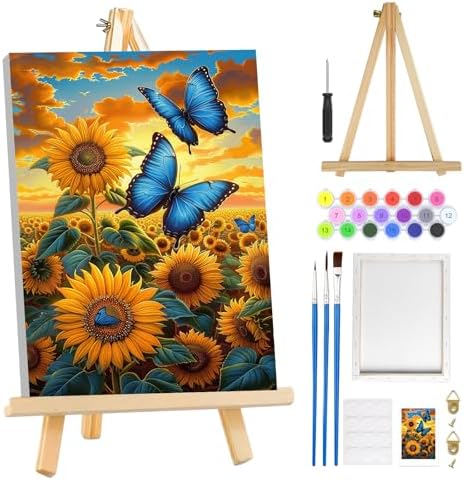MOGTAA Sunflowers Paint by Numbers Kit for Adults Beginners with Frame, Butterfly Adult Paint by Number Kits on Canvas with Easel, Easy DIY Oil Painting Kits for Home Decor, 8x12in by MOGTAADIYHomeDecor
