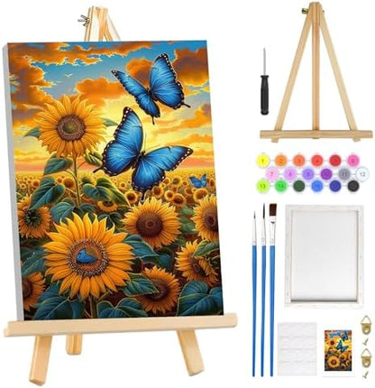 MOGTAA Sunflowers Paint by Numbers Kit for Adults Beginners with Frame, Butterfly Adult Paint by Number Kits on Canvas with Easel, Easy DIY Oil Painting Kits for Home Decor, 8x12in by MOGTAADIYHomeDecor
