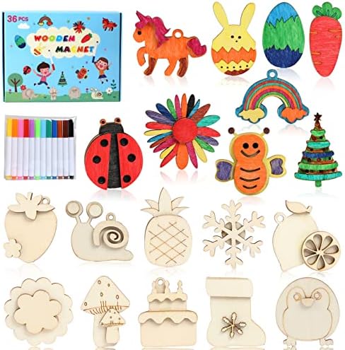 DIY Wooden Magnet 36 Art Craft Supplies Painting Kit for Kids Ages 4-8 8-12 by Worgree