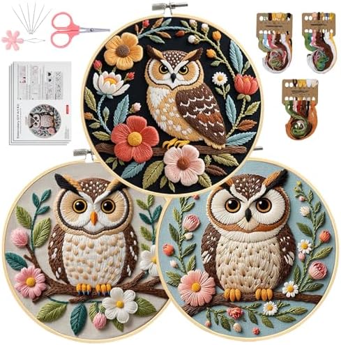 Santune Embroidery Kit for Beginners Needlepoint Cross Stitch Kits Adult Needle Point Sets with Owl Embroidery Patterns, Includes Step-By-Step Instructions and Accessories by Santune