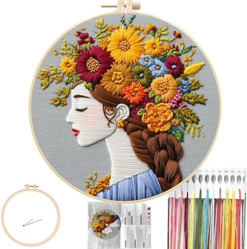 FONNUY Floral Women Embroidery Kit for Beginners, Colorful Long Hair Girl Pre-Stamped Pattern Kits for Adults with Hoop, Thread Needlework, 8'' Hoop (Brown) by FONNUY