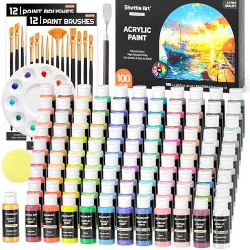 Shuttle Art 100 Colors Acrylic Paint, 2oz/60ml Bottles, Include 2 Sets of 12 Paint Brushes, 1 Art Sponge & Palette, Premium for Artists, Beginners & Kids on Canvas Rocks Wood Ceramic by ShuttleArt
