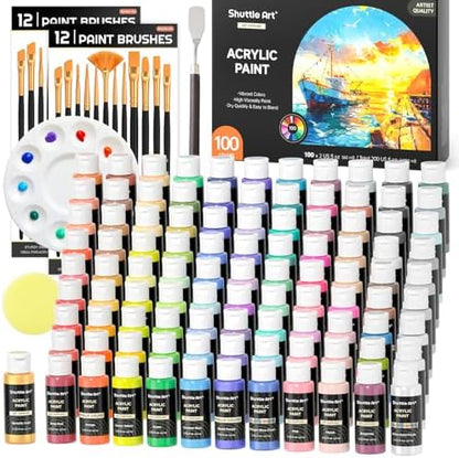 Shuttle Art 100 Colors Acrylic Paint, 2oz/60ml Bottles, Include 2 Sets of 12 Paint Brushes, 1 Art Sponge & Palette, Premium for Artists, Beginners & Kids on Canvas Rocks Wood Ceramic by ShuttleArt