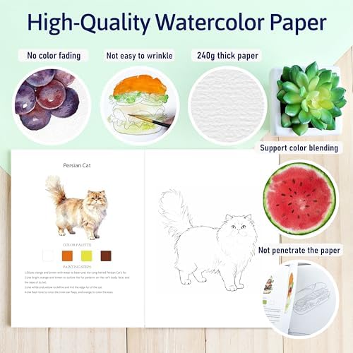CraftyManor Watercolor Workbook Creative Insect Water color Paint Book Set with Paints & Brush, 12 Patterns of Original DIY Designs, Beginner-Friendly Adult Coloring Books (Cat) - Image 4