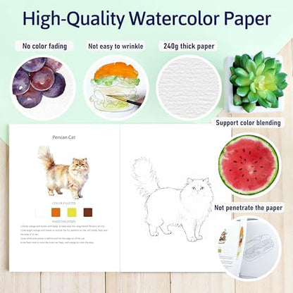 CraftyManor Watercolor Workbook Creative Insect Water color Paint Book Set with Paints & Brush, 12 Patterns of Original DIY Designs, Beginner-Friendly Adult Coloring Books (Cat) - Image 4