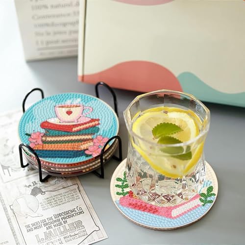 8 Pcs Book Diamond Art Coasters Kit for Adults, Book Lovers Wooden Coffee Diamond Painting Coasters with Holder, 5D Gem Art Dots Painting Coaster with Cork Pads - Crafts Supplies for Home Decor - Image 4