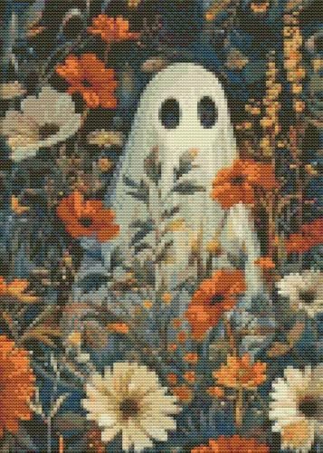 Eiazuiks Halloween Stamping Cross Stitch Kit, Ghost and Flowers Halloween Counting Cross Stitch Kit for Adult Beginners, Full Line DIY Stitching Kit for Home Decor Cross Stitch Patterns 12x16 inches by Eiazuiks