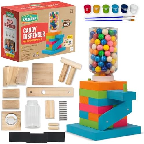 SparkJump Candy Dispenser Woodworking Kit – Complete STEM Building Kit for Kids with FSC-Certified Wood, Paints & Tools, DIY Gumball Machine Craft for Boys & Girls, Ages 6+ by SparkJump