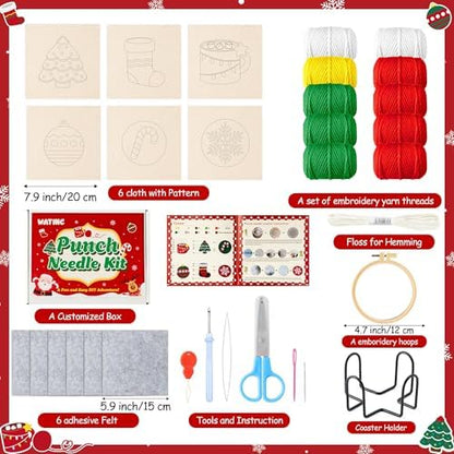 WATINC Christmas Punch Needle Coaster Kit - 23Pcs Easy Art Work Decor Craft Supply for Beginners, DIY Set of 6 Unique Pattern Tufted Pads with Adhesive Felt Yarn Tools Coaster Holder Instruction (Red) - Image 2