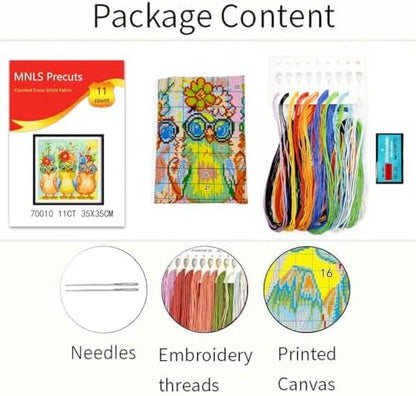 Zhenqing Modern Chicks Cross Stitch Kit - 11CT Pre-Printed 35x35cm Fabric with Threads & Needle (Hipster Chicken Design)(70010) - Image 3