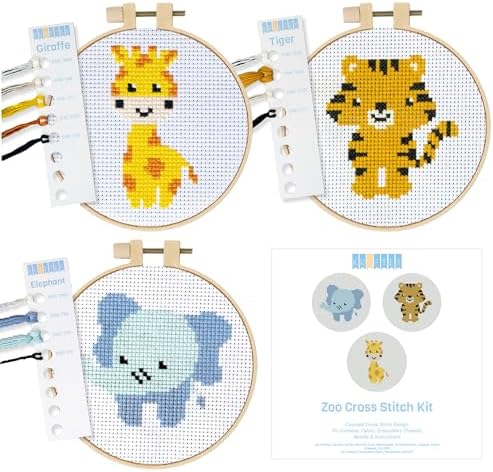 Kraftex Floral Stamped Cross Stitch Kits for Beginners - 3 Pack. DIY Embroidery Needlepoint Patterns for Adults. Easy Cross Stitch Kits for Beginners (Zoo Creatures) by Kraftex