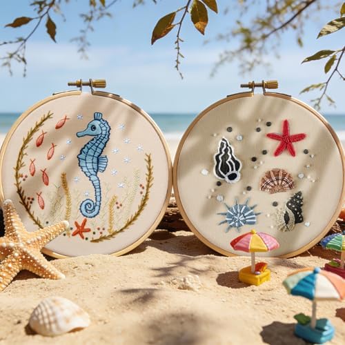 Beach Embroidery Kits for Beginners Adults, Coastal Hand Embroidery Set Needlepoint Kits, Stamped Cross Stitch Kits for Beginners Adults, 2 Embroidery Hoops, Fabric, Thread (Attached Video Tutorial) - Image 3