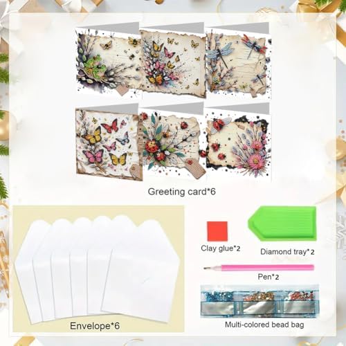 LAKEQUILL 6 Packs DIY Diamond Art Cards Kit, Diamond Painting Cards, Diamond Art Cards with Envelope for Christmas Birthday Thanksgiving Day Holiday (Insect Butterfly) - Image 7