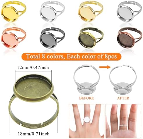 Oubaka 64pcs Blank Rings 12mm Adjustable Blank Rings Adjustable Flat Ring Metal Round Finger Ring Trays Round Pad Ring Trays Adjustable Ring Blanks Bezel Trays for Rings Making DIY Crafts(8 Colors) - Image 2