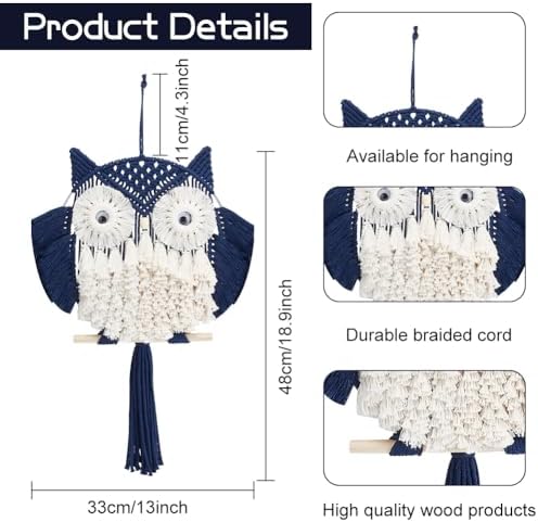 FREEBLOSS DIY Macrame Owl Kit with Video Tutorial Macrame Wall Hanging Ornament Boho Wall Hanging Decor Navy Blue&White Macrame Tapestry Gift Macrame Kit for Beginners - Image 3