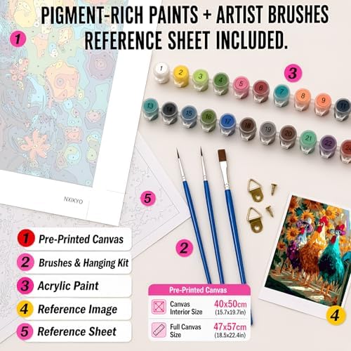 NXIKYO Chicken Paint by Numbers Kit for Adults Beginner, Three Roosters Adult Paint by Number Kits on Canvas, DIY Acrylic Oil Easy Painting by Numbers for Home Wall Decor 16 X 20 inch (Without Frame) - Image 2
