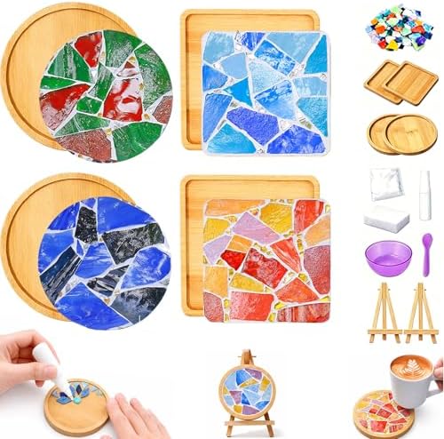 GHAHILI 4 Sets DIY Mosaic Kits for Adults Glass Mosaic Tiles for Crafts with Wooden Coasters for Women Mixed Color Mosaic Kit Craft Coaster Project Handmade Making Kit Set for Home Decor Gifts by Unknown