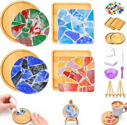 GHAHILI 4 Sets DIY Mosaic Kits for Adults Glass Mosaic Tiles for Crafts with Wooden Coasters for Women Mixed Color Mosaic Kit Craft Coaster Project Handmade Making Kit Set for Home Decor Gifts by Unknown