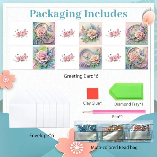 6pcs Diamond Painting Greeting Card with envelopes, DIY Butterfly and flower Diamond Art Greeting Card for Blessing and Wish Special Shaped Arts Crafts for Christmas Birthday Thanksgiving Day Holiday - Image 3