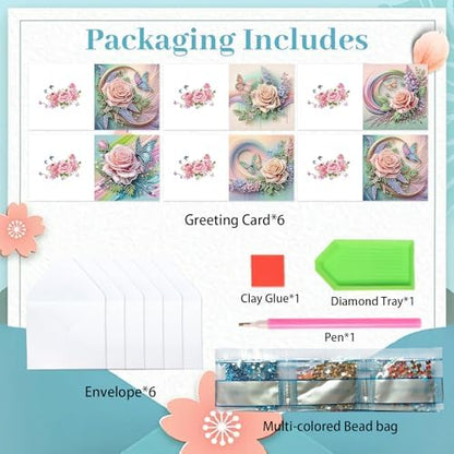 6pcs Diamond Painting Greeting Card with envelopes, DIY Butterfly and flower Diamond Art Greeting Card for Blessing and Wish Special Shaped Arts Crafts for Christmas Birthday Thanksgiving Day Holiday - Image 3