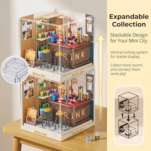 Relax Bar Miniature House Kit, Plastic DIY Dollhouse with Bar Counter & High Chairs, Stackable Transparent Dust Cover, Creative Desktop Decor for Adults Teens - Image 5