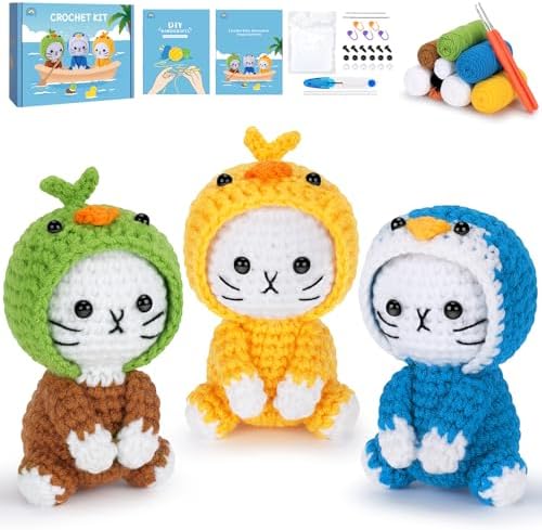 Crochet Kit for Beginners, 3 Pack Duck Cat Crochet Kits with Step-by-Step Video Tutorials, Beginner Crochet Kit for Adults, Crochet Animal Kit for Starters, DIY Craft Gift for Cat Lover by FortuningsJDS