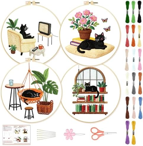 BEUNITONE 4 Set Embroidery Kit for Beginners, Daily Life of Cats Patterns Cross Stitch Kits, Needlepoint Kits for Adults with Hoop, Cute Hand Embroidery Patterns for Cloth and Home Decor by BEUNITONE