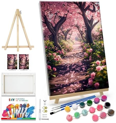 JOOZ Paint by Numbers Kit for Adults Landscape Paint by Number with Frame DIY Cherry Blossom Paint by Number with Easel Flowers Paint by Numbers Kit on Canvas for Gift Home Wall Decor 7.87x11.81 Inch by Jooz