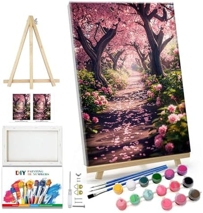 JOOZ Paint by Numbers Kit for Adults Landscape Paint by Number with Frame DIY Cherry Blossom Paint by Number with Easel Flowers Paint by Numbers Kit on Canvas for Gift Home Wall Decor 7.87x11.81 Inch by Jooz