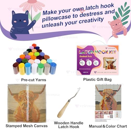 veirousa Latch Hook Kits for Adults, DIY Highland Cow Pillow & Rug Craft Kit for Beginners, Animal Handmade Yarn Art, Relaxing Home Sofa Decor Gift 17x17 Inch - Image 4