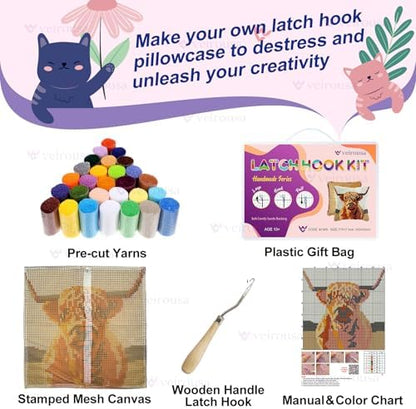 veirousa Latch Hook Kits for Adults, DIY Highland Cow Pillow & Rug Craft Kit for Beginners, Animal Handmade Yarn Art, Relaxing Home Sofa Decor Gift 17x17 Inch - Image 4