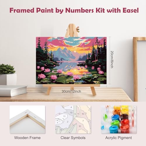 MOGTAA Landscape Paint by Numbers Kit for Adults Beginners with Frame, Flowers Lake Adult Paint by Number Kits on Canvas with Easel, Easy DIY Sunset Oil Painting Kits for Home Decor, 8x12in - Image 2