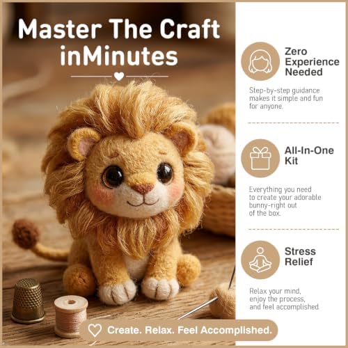 DIY Needle Felting Kit Cute Lion – Needle Felting Starter Kit with Fiber Roving, Needles, Felting Pad & Instructions | Felted Animal Kit for Beginners Adults | DIY Craft Gift Home Decoration - Image 3