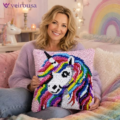 Fantasy Unicorn Latch Hook Kits for Adults Kids, Beginners DIY Throw Pillow Kit Pre-printed Pillowcase Hook and Latch Rug Kits Cross-stitch Cushion Cover for Home Sofa Decor Gift Idea 17x17 inch - Image 2