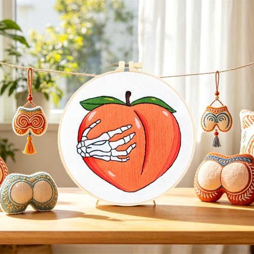Hand Bone Embroidery Kits for Beginners Adults, Peach Embroidery Starters Kits, Halloween Stamped Cross Stitch Kits DIY Needlepoint Kits for Beginners Adult, Embroidery Hoop, Thread and Video Tutorial - Image 4