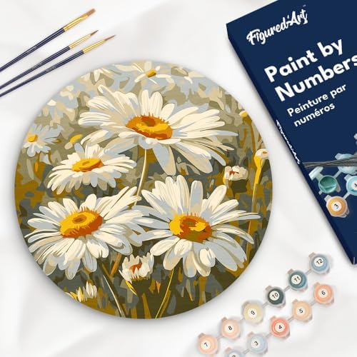 Figured'Art Paint by Numbers Kit for Adults on Wood Slice, 11.8in Diameter - Daisies - Craft Art Painting DIY Canvas by FiguredArt