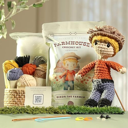 Hearth & Harbor Amigurumi Crochet Kit for Beginners, Learn to Crochet Kits for Adults Beginner with Easy Yarn, Stuffed Crochet Animal Kit with Step-by-Step Video Tutorials – Dixon the Farmer by HearthHarbor