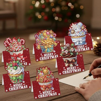 C'eitura 6Pcs DIY Christmas Cupcake Diamond Art Painting Crafts Rhinestone Painting Greeting Card Making Kit Postcard for Holiday Christmas New Year Party Favors - Image 2