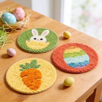 AnyDesign Easter Punch Needle Coaster Kits Cartoon Bunny Rabbit Chick Egg Crafts Coasters with Adhesive Felt Yarns Embroidery Hoop Instruction for Adults Beginners Spring DIY Decor - Image 4