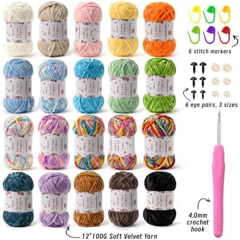 20 Pack Chenille Chunky Yarn - Baby Yarn for Crocheting Soft - White Black Brown Green Red Pink Blue Rainbow Velvet Yarns Crochet Blanket - Amigurumi Yarns Pack with Crochet Accessories - Image 2