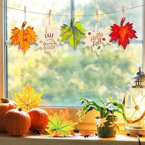 Large Size 7inch Wooden Fall Ornaments to Paint Halloween Thanksgiving Thanksgiving, Maple Leaf Cutouts Unfinished DIY Blank Unfinished Wood Discs Ornament for Crafts Hanging Autumn Decorations 10PCS - Image 5