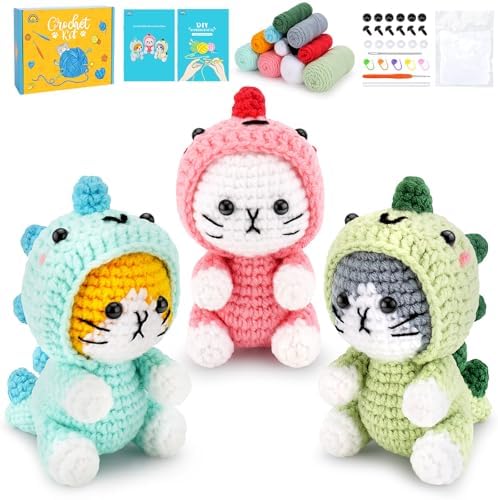 Fortuning's JDS Crochet Kit for Beginners, 3 PCS Dinosaur Cat Crochet Kits by FortuningsJDS