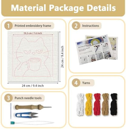 DOODLREAM Cat Drinking Coffee Needle Kit for Beginner, 9.4"x 9.4" Cute Black Cat Punch Stitching Craft Set, Color DIY Embroidery Starter with Printed Frame, Instruction, Threader, Yarn, Pinch Needle - Image 2